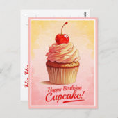 ヴィンテージイエローピンクさくらんぼカップケーキ誕生日カード ポストカード (正面/裏面)