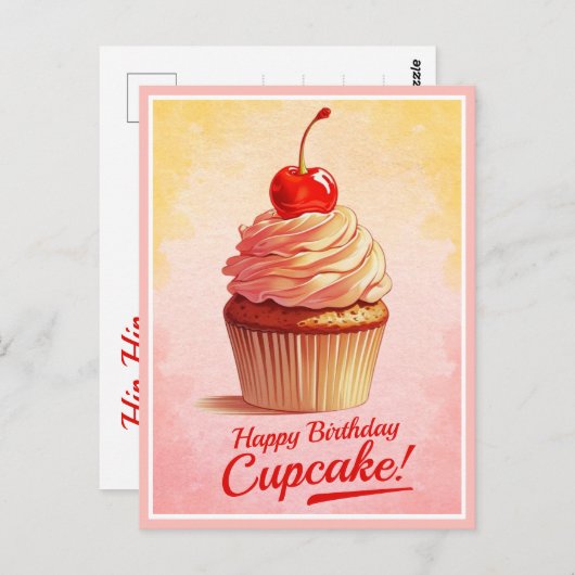 ヴィンテージイエローピンクさくらんぼカップケーキ誕生日カード ポストカード (正面/裏面)