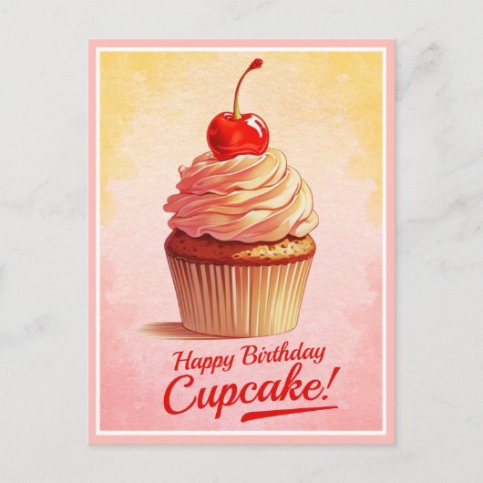 ヴィンテージイエローピンクさくらんぼカップケーキ誕生日カード ポストカード (正面)