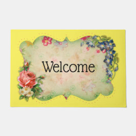 ヴィンテージイエローフラワーフレームウェルカムマット ドアマット