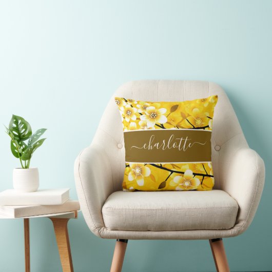ヴィンテージイエローフローラ植物学 クッション (椅子)