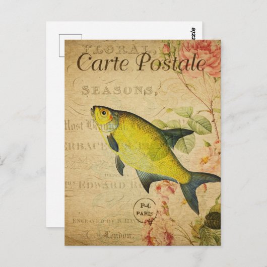ヴィンテージイエローブレムフィッシュフランスのフローラ ポストカード (正面/裏面)