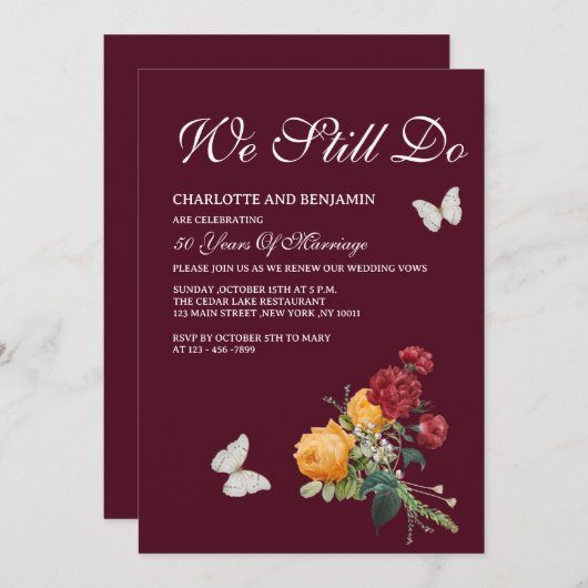 ヴィンテージイエローレッドローズ誓いの更新 招待状 (正面/裏面)