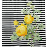 ヴィンテージイエローローズオンブラックアンドホワイトストライプズ シャワーカーテン (正面)