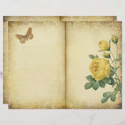 ヴィンテージイエローローズジャーナルページスクラップブック紙 (正面/裏面)