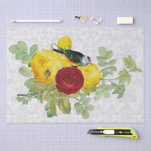 ヴィンテージイエローローズソングバードとダマスク 薄葉紙 (クラフト)