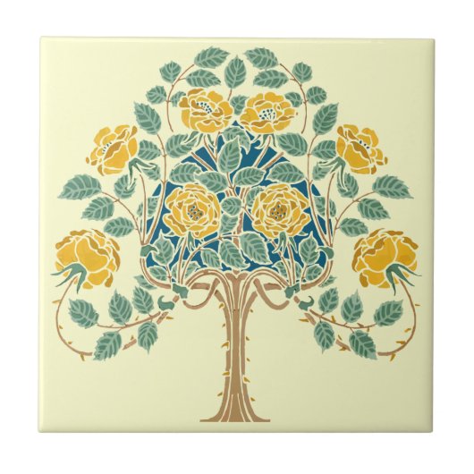 ヴィンテージイエローローズブッシュ1909年芸術工芸品 タイル (正面)