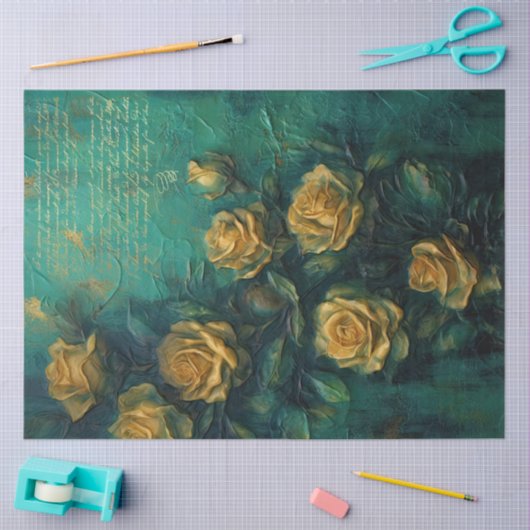 ヴィンテージイエローローズ金ゴールドフォイルエメラルド深いグリーン 薄葉紙 (クラフト)