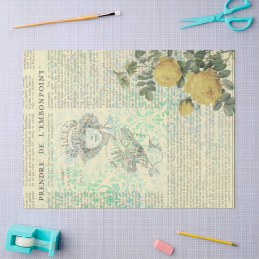 ヴィンテージイエローローズ、レディ、ニュースプリントのデコパージュ 薄葉紙 (クラフト)