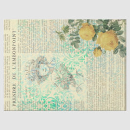 ヴィンテージイエローローズ、レディ、ニュースプリントのデコパージュ 薄葉紙