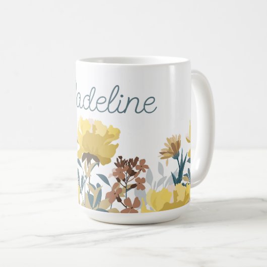 ヴィンテージイエロー縁どフローラコーヒーまたはティーマグカップ コーヒーマグカップ (正面右)