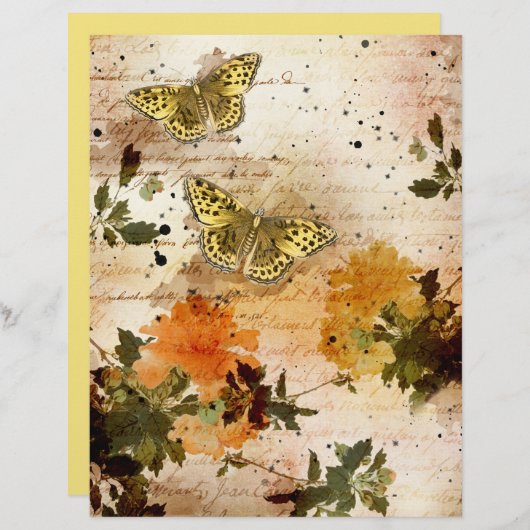 ヴィンテージイエロー蝶フローラスクラップブック紙 (正面/裏面)