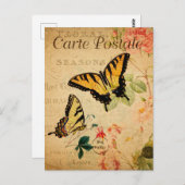 ヴィンテージイエロー蝶フローラ花フランスの ポストカード (正面/裏面)