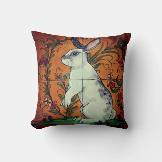ヴィンテージイエロー金ゴールドバニースポットウサギフローラタイル クッション (正面)