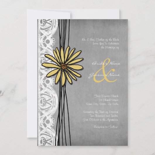 ヴィンテージイエロー&グレーデイジー結婚式招待状 招待状 (正面)