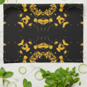 ヴィンテージイエロー、ブラックフローラのレトロパターン キッチンタオル (折り畳み)