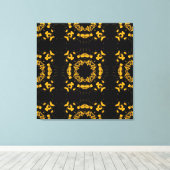 ヴィンテージイエロー、ブラックフローラのレトロパターン キャンバスプリント (インサイチュ (ウッドフロア))