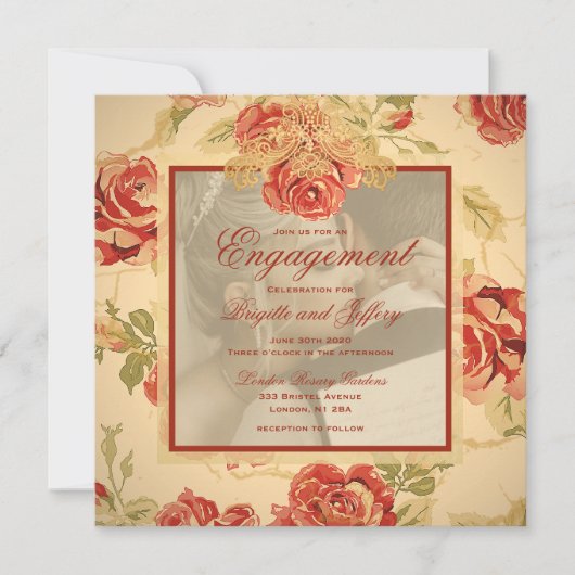 ヴィンテージイエロー ラスティックレッド ローズ ウェディング フォト 招待状 (正面)