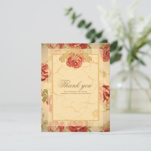 ヴィンテージイエロー ラスティックレッド ローズ カスタム ウェディング サンキューカード (スタンド正面)