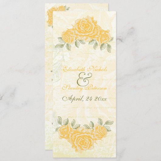 ヴィンテージイエロ結婚ローズのセレモニープログラムカード プログラム (正面/裏面)