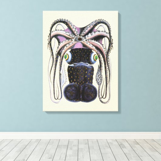 ヴィンテージイカ又はタコ海洋生物動物 キャンバスプリント (インサイチュ (ウッドフロア))