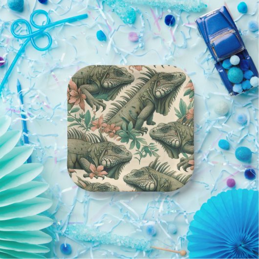 ヴィンテージイグアナ模様 ペーパープレート (パーティー)