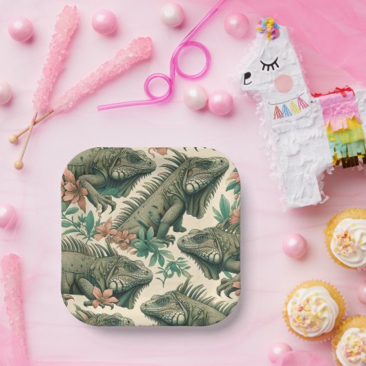 ヴィンテージイグアナ模様 ペーパープレート (パーティー)