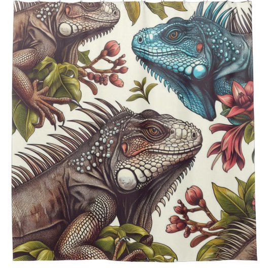 ヴィンテージイグアナ絵画シームレス シャワーカーテン (正面)
