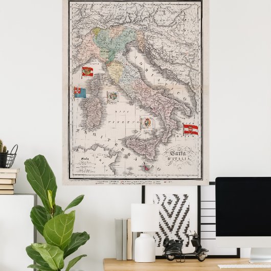 ヴィンテージイタリアの国旗の地図(1842) ポスター (ホームオフィス)