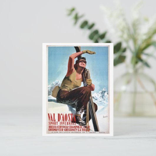 ヴィンテージイタリアンウィンタースポーツスキー旅行広告 ポストカード (スタンド正面)