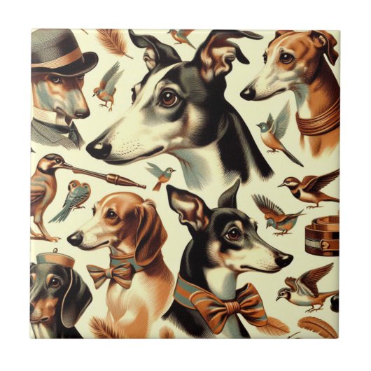 ヴィンテージイタリアングレイハウンドイラストレーション タイル (正面)