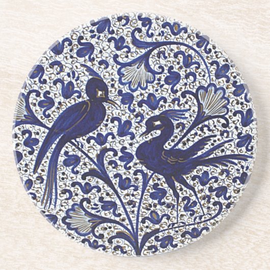 ヴィンテージイタリアンスタイルブルーホワイト金ゴールドラブバード コースター (正面)