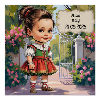 ヴィンテージイタリアン風の女の子の似顔絵 ポスター