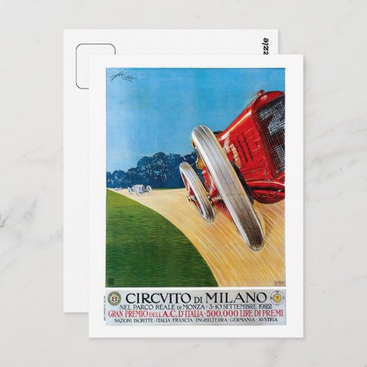 ヴィンテージイタリアン1920年代レーシングカーグランプリ ポストカード (正面/裏面)