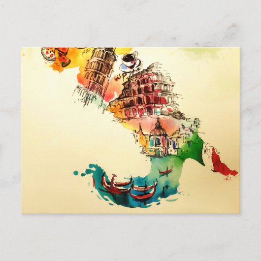 ヴィンテージイタリア地図シティトラベルラブウォーターカラー シーズンポストカード (正面)