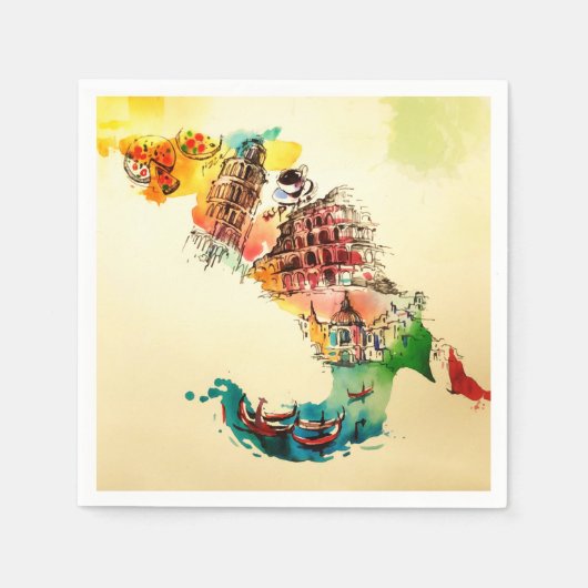 ヴィンテージイタリア地図シティトラベルラブウォーターカラー スタンダードカクテルナプキン (正面)
