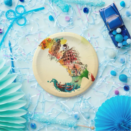 ヴィンテージイタリア地図シティトラベルラブウォーターカラー ペーパープレート (パーティー)