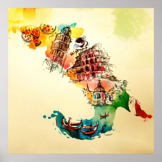 ヴィンテージイタリア地図シティトラベルラブウォーターカラー ポスター (正面)