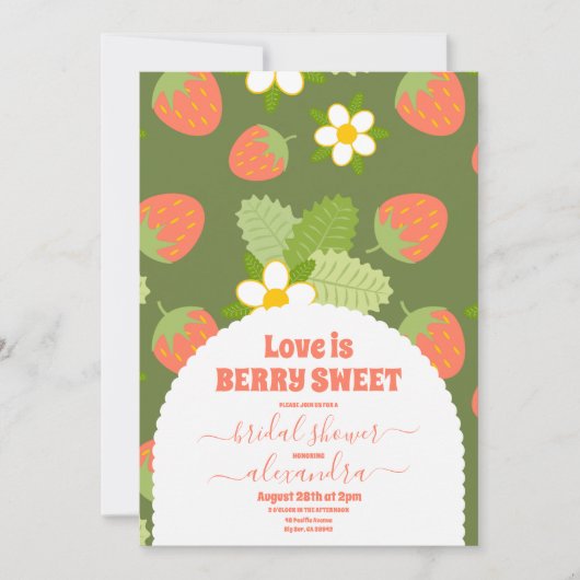 ヴィンテージイチゴと緑のブライダルシャワー 招待状 (正面)