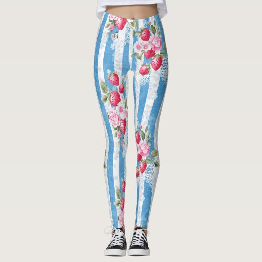 ヴィンテージイチゴと開花オンブルーストライプズ レギンス (正面)