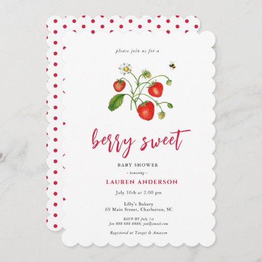 ヴィンテージイチゴのベリースイートベビーシャワー 招待状 (正面/裏面)
