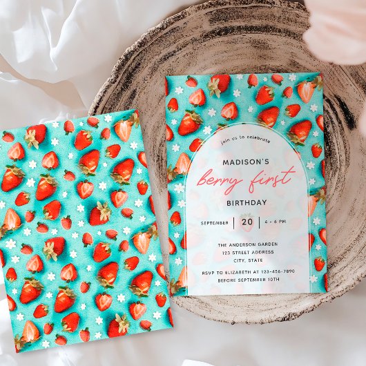 ヴィンテージイチゴレトロベリー第1誕生日 招待状