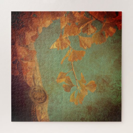 ヴィンテージイチョウの木の金ゴールドとグリーンオリエンタル ジグソーパズル (横)