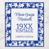 ヴィンテージイヤーシックブルーホワイトフローラ誕生日 ワインラベル (シングルラベル)