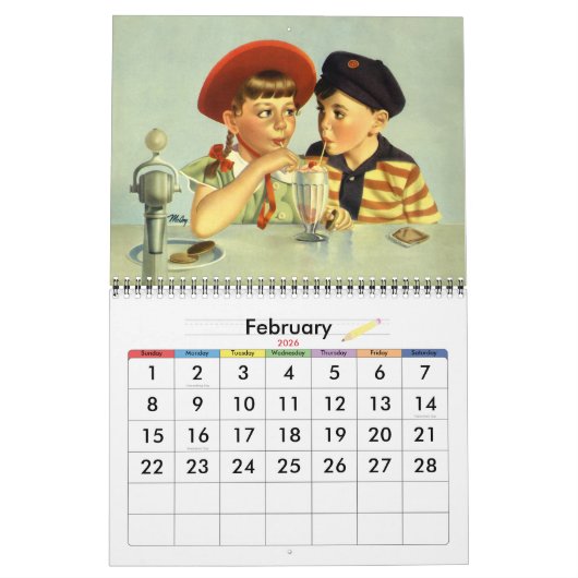 ヴィンテージイラストレーションおもしろいキッズとベビー遊ズ カレンダー (2月 2026)
