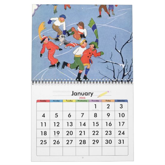ヴィンテージイラストレーションおもしろいキッズとベビー遊ズ カレンダー (1月 2026)