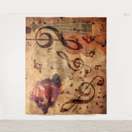 ヴィンテージイラストレーションとバラとバイオリン タペストリー