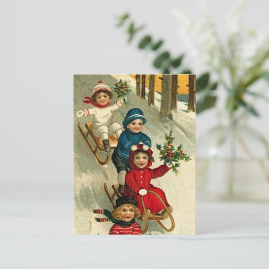 ヴィンテージイラストレーションの子どもそり冬 ポストカード (スタンド正面)