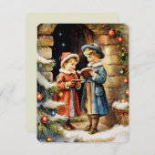 ヴィンテージイラストレーションの子供がクリスマスソングを歌う シーズンカード (正面/裏面)
