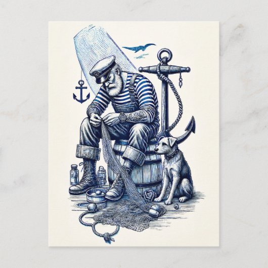 ヴィンテージイラストレーションの船乗り犬 ポストカード (正面)